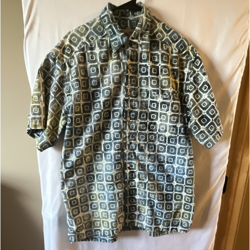 Field N Forest Men's L Short Sleeve Cotton Blue/Green Geometric Button-Up Shirt